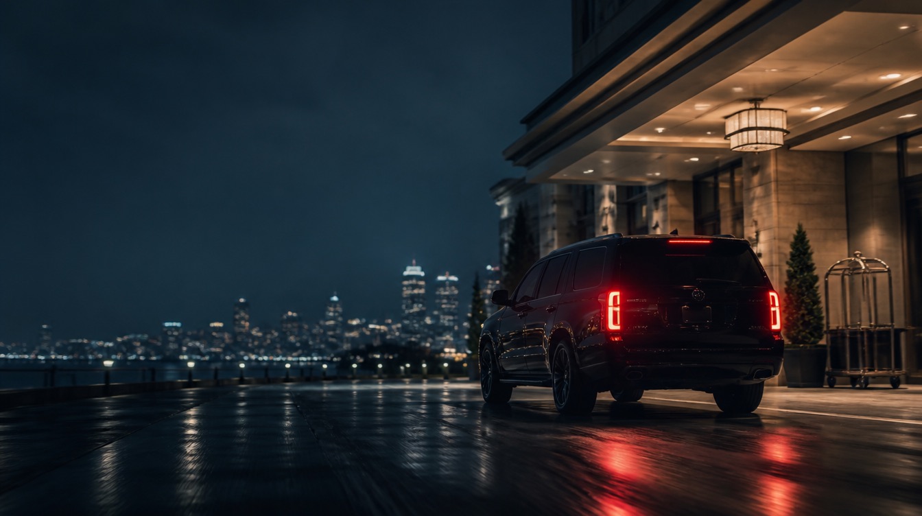 SUV pulling away at night